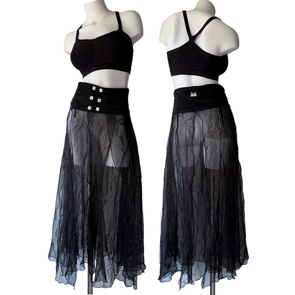 French Designer Biche de Bère vintage tiered/crinkled/pliseé sheer maxi skirt - Picture 1 of 15